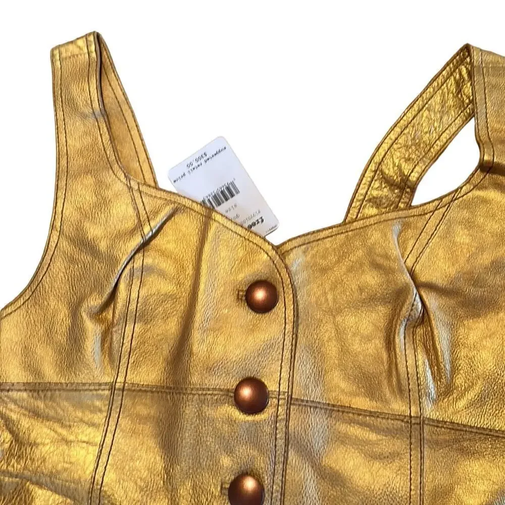 Free People Womens Goldie Metallic Leather Sweetheart Neckline Dress Size 2 Gold